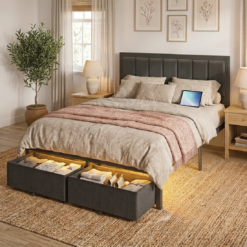 Jabril Bed Frame with Upholstered Headboard and Storage Drawers, Metal Platform Bed Frame with Power Outlets and LED Lights