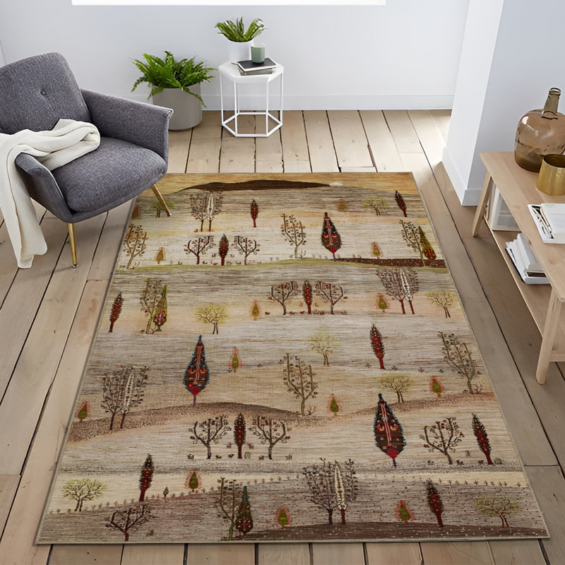Tapis décoratif moderne à motif d'arbre d'automne beige et vert, Rectangle 3 pi 3 po x 4 pi 11 po