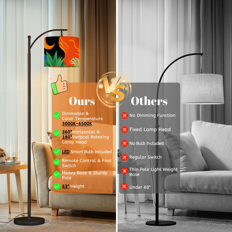 Arc Floor Lamp with Adjustable Lampshade Boho Floral Geometric Modern Orange Aesthetic Cheetah Tail Geometric Standing Lamp 3 Color Temperatures Dimmable Tall Pole Lamp with Foot Switch for Bedroom