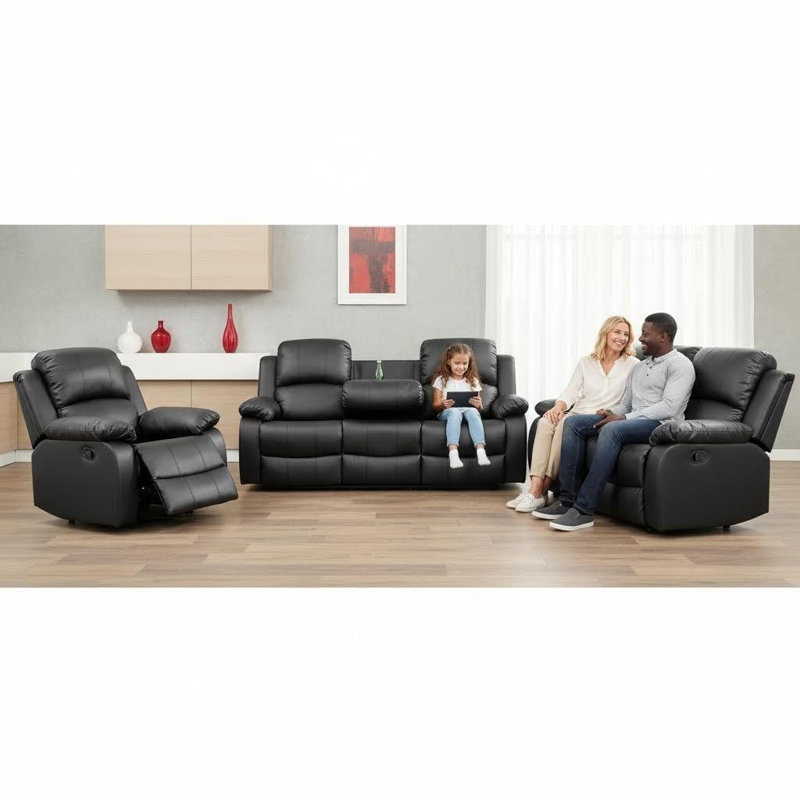 Black Semi PU PVC 3-Piece Living Room Sofa Set, 115-180° Adjustable Backrest, 66" Extended Length, Ergonomic Couch With Storage, Flip Table & Cup Holders, Sturdy Wood Frame, Durable Fabric For Home Office