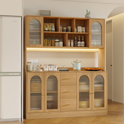 71" Kitchen Pantry Cabinet With LED Light,Arched Fluted Glass Door And Microwave Shelf,Farmhouse Buffet Hutch With 3 Drawers