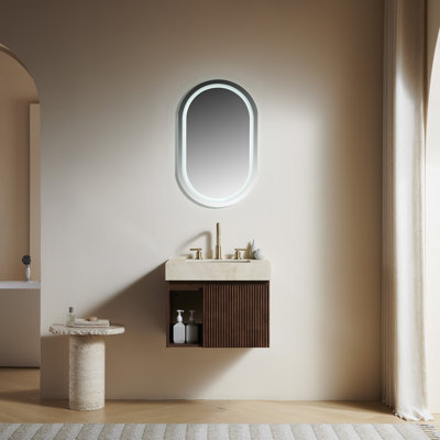 Meuble-lavabo de salle de bain 24 po Eiden, armoire de rangement flottante, plateau en pierre frittée veiné or crème et lavabo en céramique avec 3 trous de robinet pré-percés, démontés, sans robinet et ensemble de drain, couleur grain de bois noyer