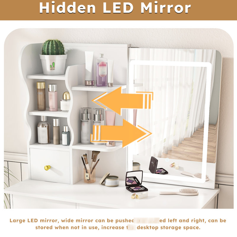 Coiffeuse à 5 tiroirs avec miroir à DEL mobile, écran tactile 3 couleurs, idéal pour les solutions de rangement pour la chambre des femmes