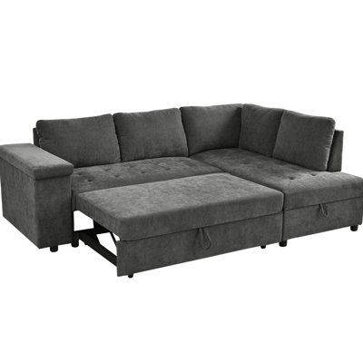 Grey Sectional Sleeper With Ample Storage And Robust Frame L Shaped Hidden Compartments Pull Out Feature