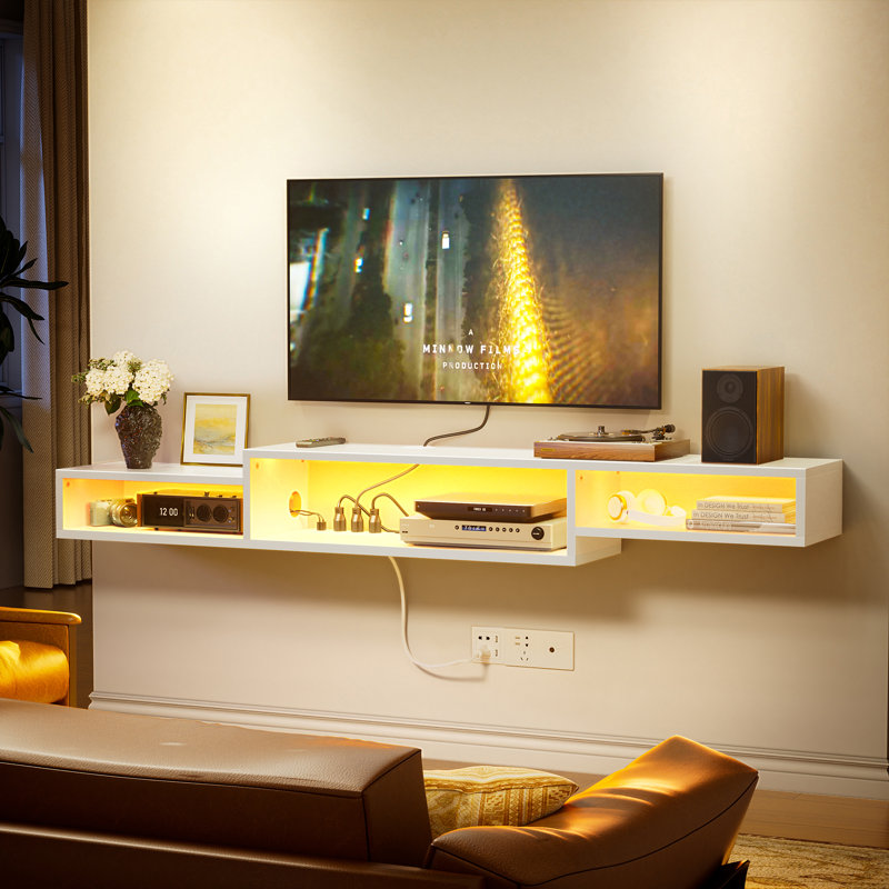 Wynny 60" Floating TV Stand with Electrical Outlets, Media Center, White, 6" H x 59" W x 11" D