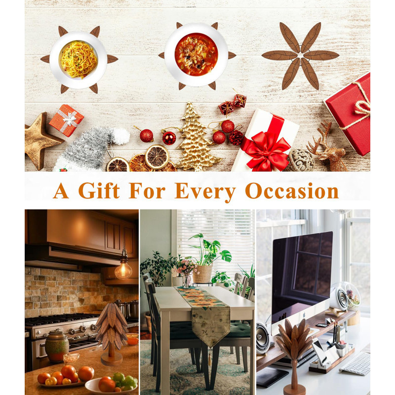 Tree Coasters, Wooden Trivets For Hot Dishes/Pot/Bowl/Teapot/Pans, Tree Shape Trivet Set - 4 Wooden Trivets + 1 Stand Stored, Gifts (Leaf Pattern - 4Pcs)