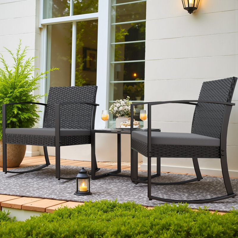 3 Pieces Outdoor Rocking Chair Set, Seating Groups with Cushions and Table, Gray