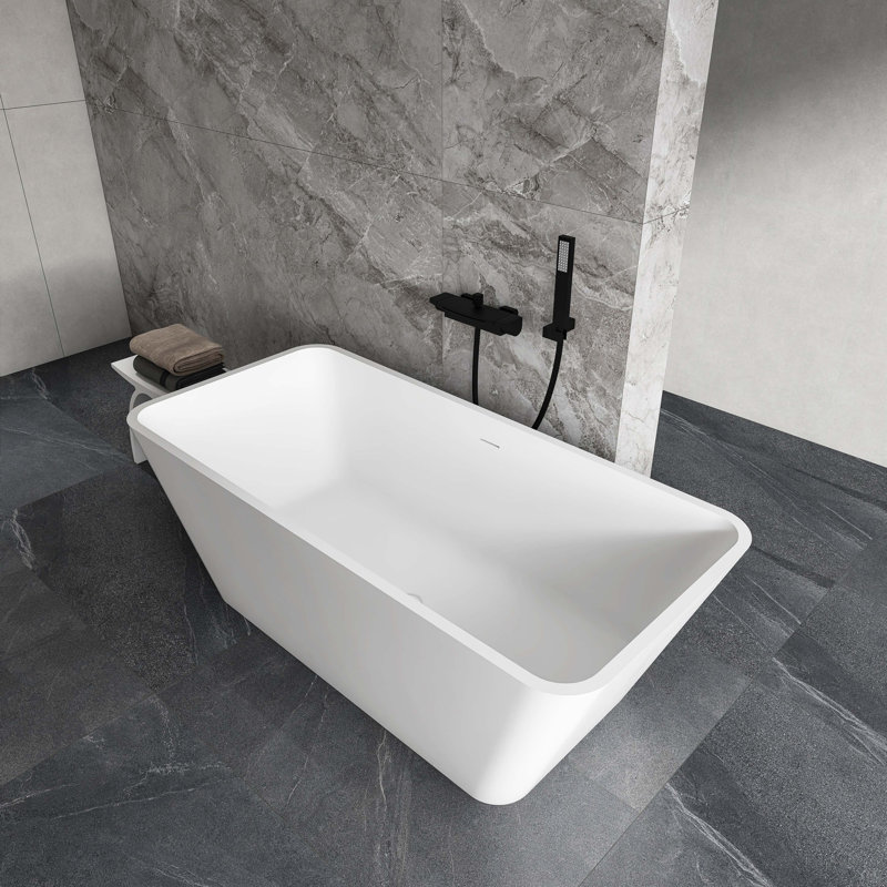 67 Inch Freestanding Solid Surface Soaking Bathtub For Bathroom, Matte White