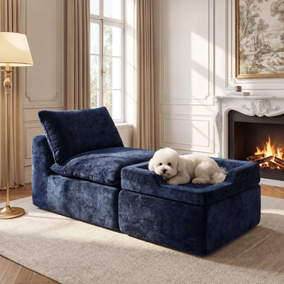 Chaise longue modulaire en velours écrasé bleu marine 62 po avec repose-pieds pour lit pour animal de compagnie, fauteuil Cloud avec lit pour chien intégré, tissu OEKO-TEX, aucun assemblage requis pour le salon
