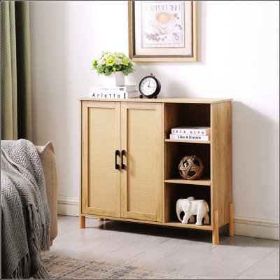 Armoire de rangement Mid-Century moderne avec portes en rotin tissé, tablettes ouvertes et tablettes réglables - parfaite pour le salon et la salle à manger