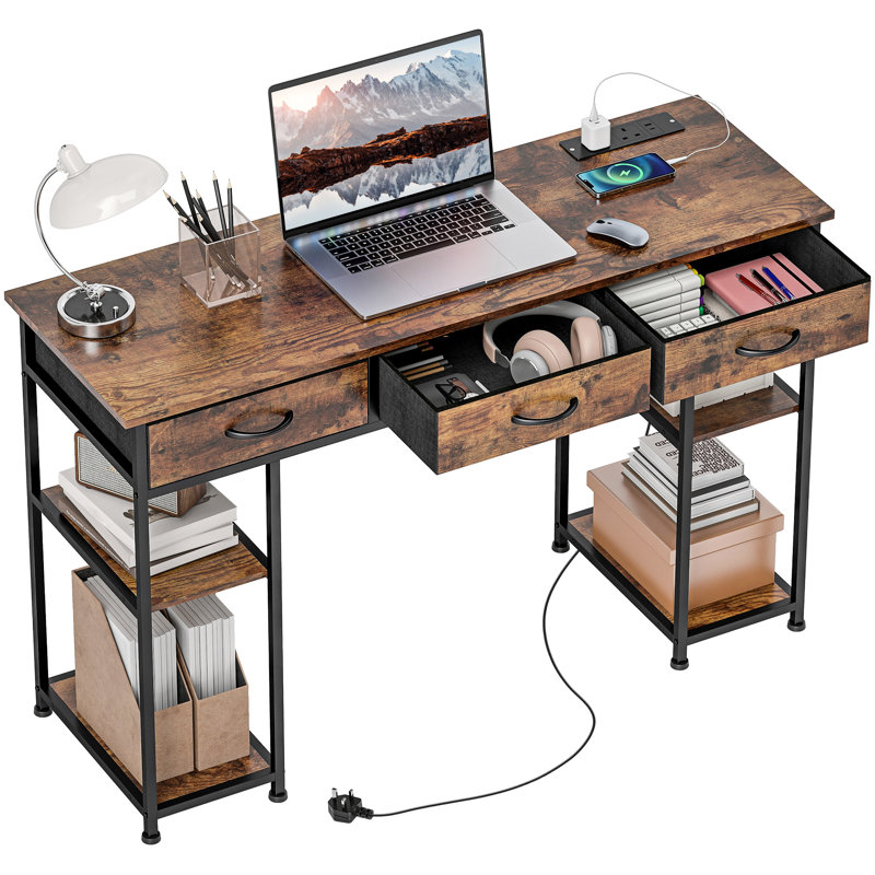 Metal Base Computer Desk with Power Outlet, Brown, Brown