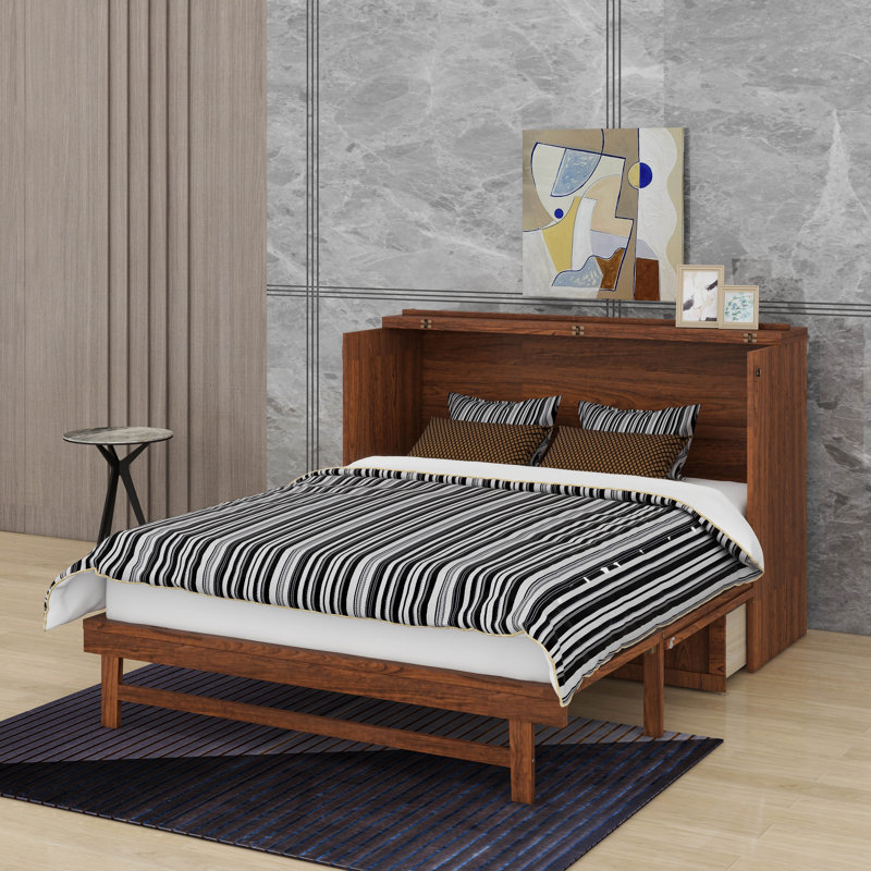 Grand lit escamotable, armoire-lit en bois de pin avec centrale électrique et panneau de décoration en rotin, Noyer