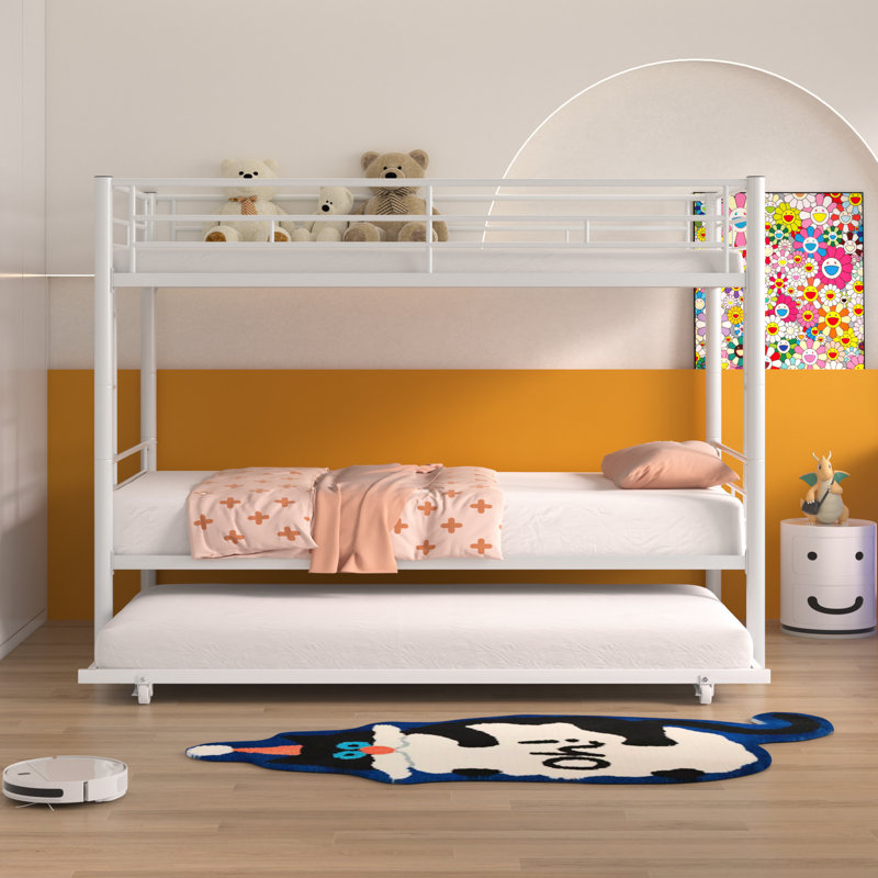 Aafke Twin-Over-Twin Bunk Bed with Trundle,Metal Trundle- W/Safety Rail and Ladder, Beige