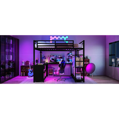 Grand lit mezzanine en métal avec bureau et tablettes de rangement, adapté aux adolescents en pleine croissance, bureau ouvert en forme de L pour garde-robe, idéal pour les adolescents, assemblage rapide