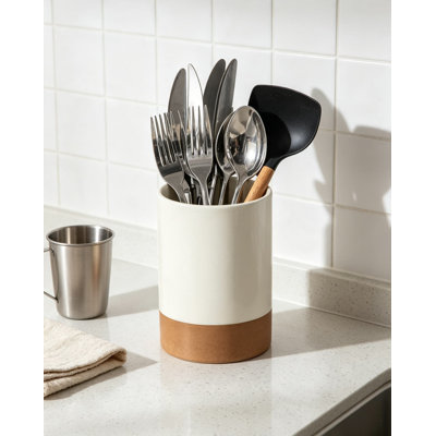 Ceramic Utensil Holder for Kitchen Countertop, Farmhouse Cooking Utensil Crock for Spatula and Spoon, Sturdy Organizer with Speckle Glaze, Khaki White
