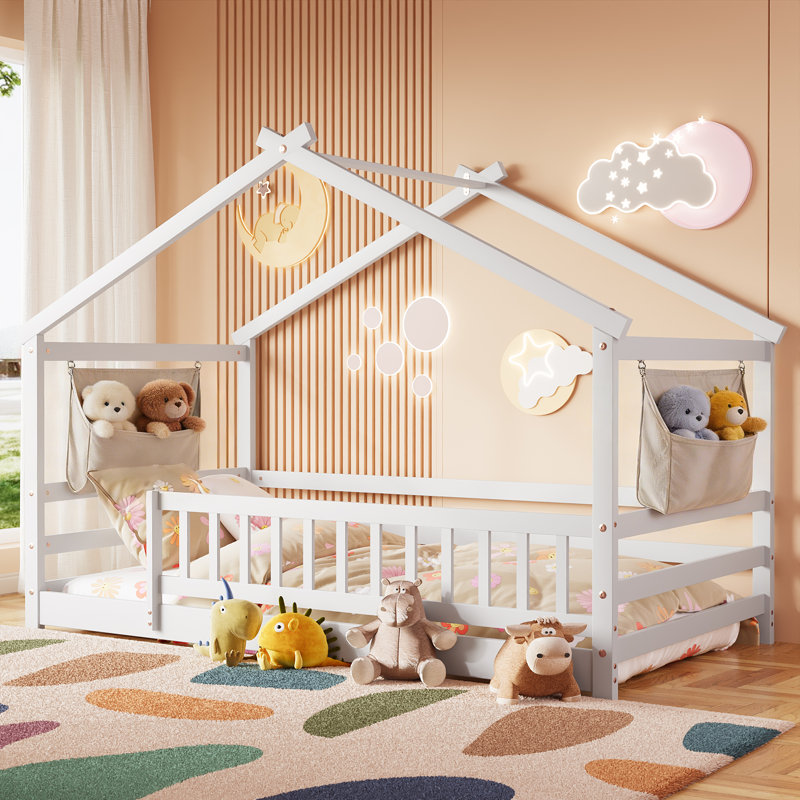 Twin House Bed, Montessori Floor Bed For Kids, Wooden Montessori Beds, White