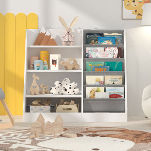 MallBest 4-Tier Kids' Toy Storage Organizer Shelf - 100% Solid Wood,Children's Storage Cabinet with 9 Plastic Bins and 1