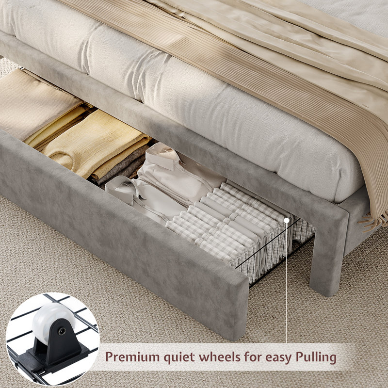 Gray Velvet Twin Upholstered Bed with LED Headboard and Storage Drawer