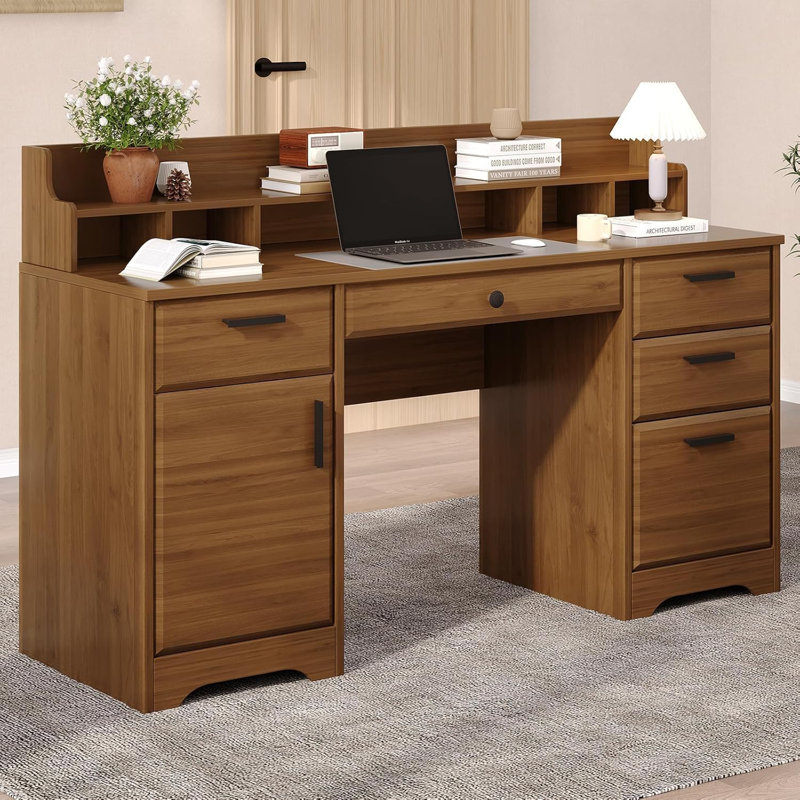 Bureau de direction avec huche, bureau d'ordinateur 58 pouces à 5 tiroirs, Brun