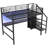 Full Size Metal Loft Bed with Desk, Storage Staircase, Wardrobe & LED Light for Bedroom,Black-1507679971