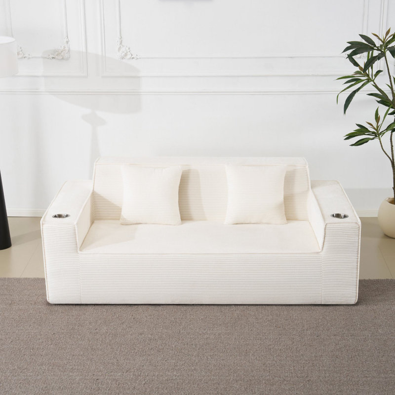 Canapé en velours côtelé 76 po avec porte-gobelets 76 po, Blanc