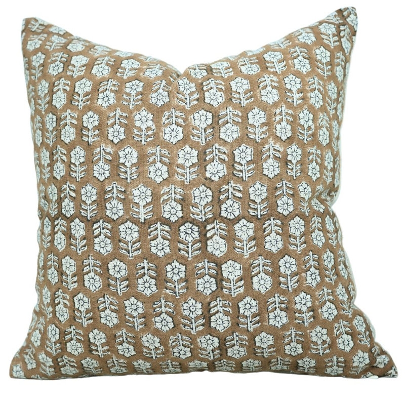 Linen Pillow Cover, Brown/White Floral 2, Square, 14"H x 14"W