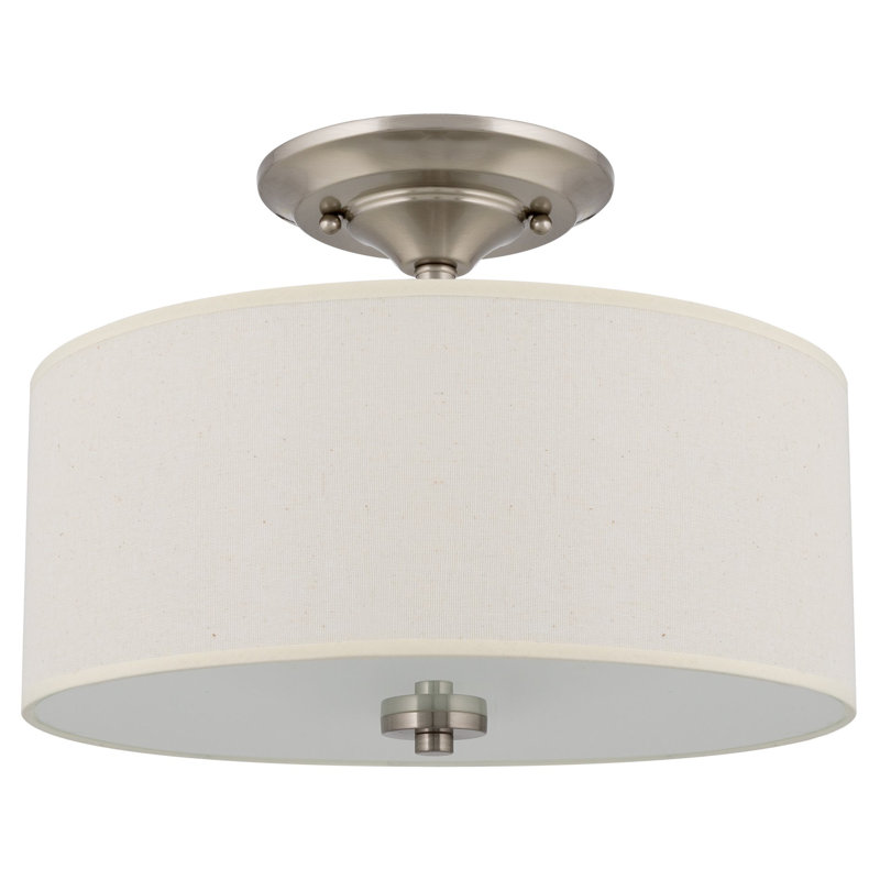 Plafonnier semi-encastré 2 lumières avec abat-jour tambour en tissu blanc cassé Brightman 13, finition nickel brossé