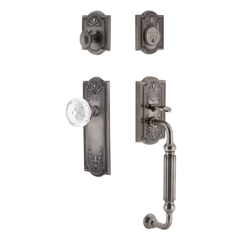 Nostalgic Warehouse Meadows Plate F Grip Handleset with Single Cylinder Deadbolt and Crystal Meadows Knob, Antique Pewter