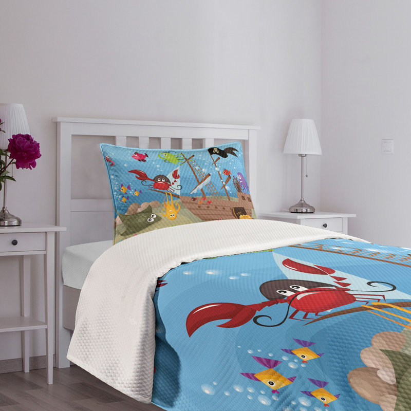 Pirate Ship Underwater Animals Twin Bedspread Set