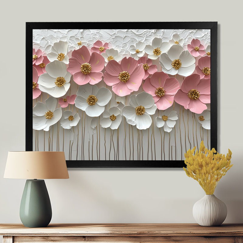 Isandro rose pastel crème de fleurs sauvages champ I - fleurs sauvages d'art mural, H 12 po x l 20 po, Avec cadre, Noir