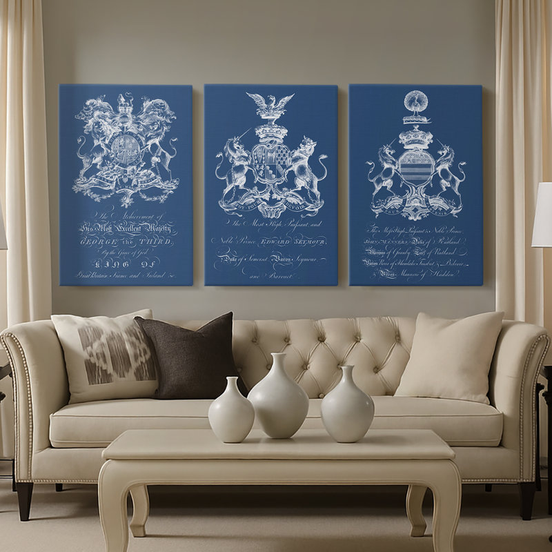 Heraldry on Navy I - Toile tendue avec châssis sur mesure - 3 pièces, H 36 po x l 72 po