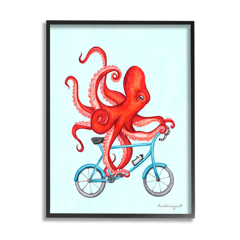 Tentacules de pieuvre rouge à vélo bleu, giclée, ensemble d'art texturé par Amelie Legault, L 24 po x H 30 po