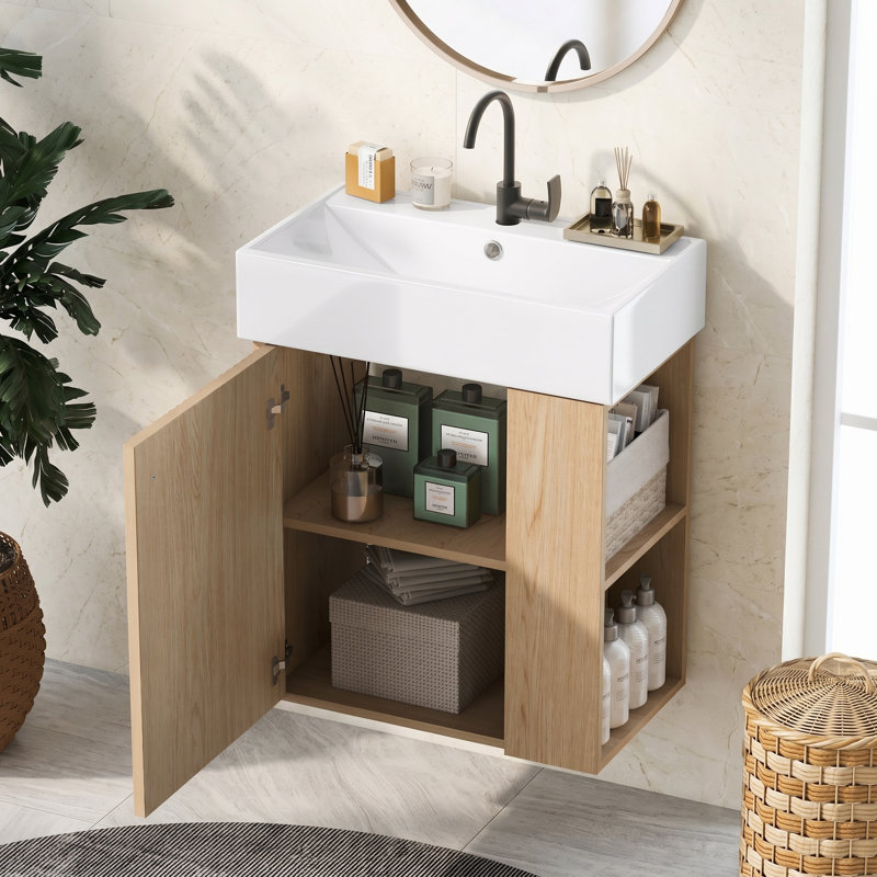 Rangement mural simple moderne 21,6 po avec lavabo en céramique, rangement à droite pour les petites salles de bain
