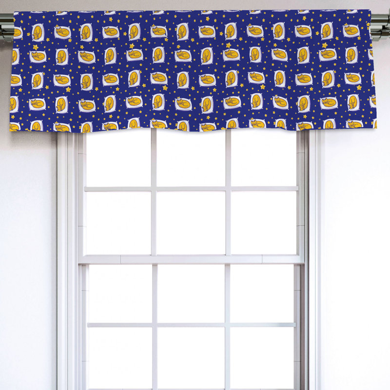 54" Blue and Yellow Cat Print Satin Rod Pocket Valance