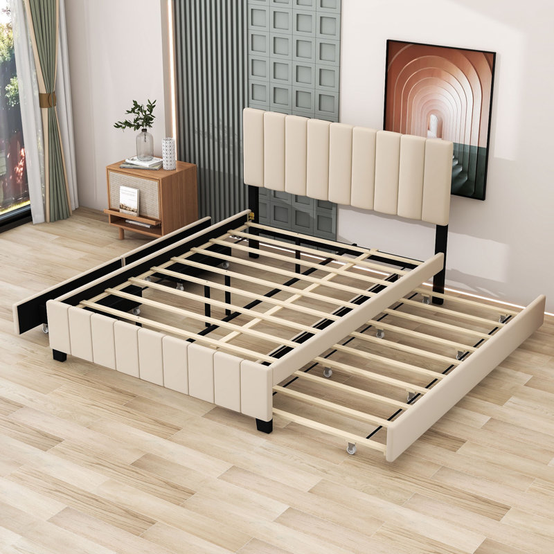 Malenna Queen Size Upholstered Platform Bed with 2 Drawers,Headboard and Twin XL Trundle, Beige