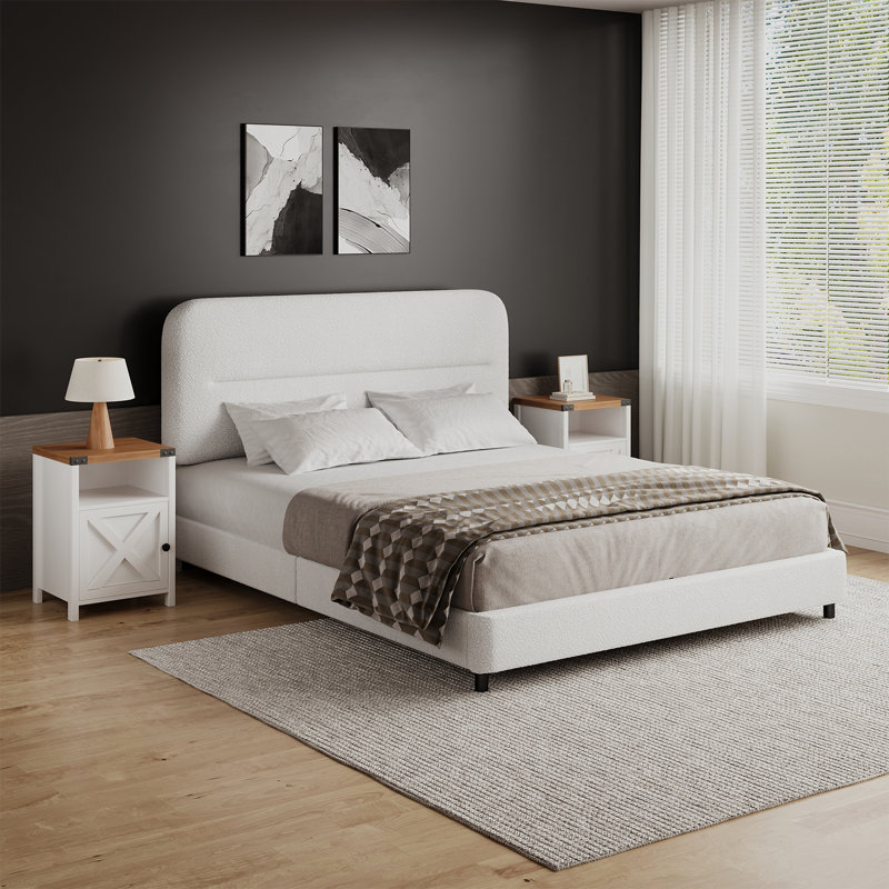 3 Piece Upholstered Bedroom Set,Bed Frame With Set Of 2 Nightstands, Full, White/White