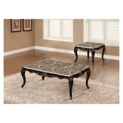 Ensemble de salon transitionnel 2 pièces: table basse et table de bout avec base en bois de noyer foncé et plateau en marbre