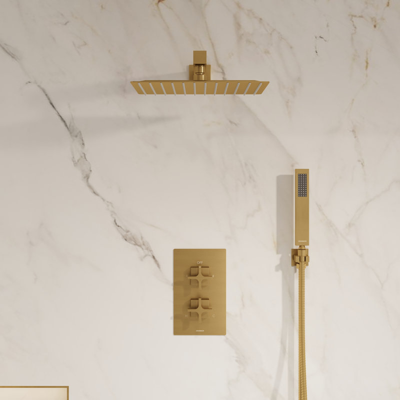  Rugen Shower System 12-inch Square Rain Shower Head with Handheld Shower Pressure Balance Valve Included, Brushed Gold