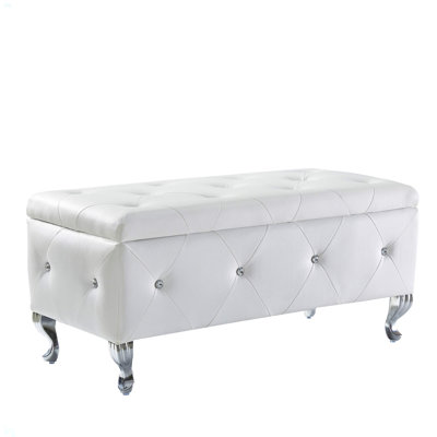Upholstered Storage Ottoman Bench For Bedroom End Of Bed Faux Leather Rectangular Storage Benches Footrest With Crystal Buttons For Living Room Entryw