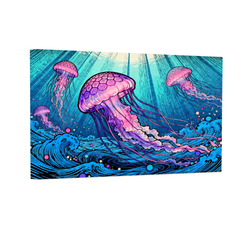 Animaux, méduse colorée, vagues de l'océan, reproduction d'art, H 12 po x l 18 po