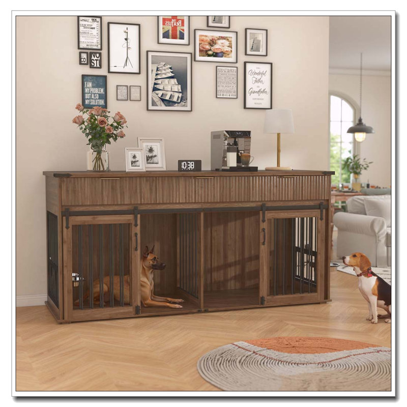 Caisse pour chien 71 po avec 3 tiroirs cannelés, Blanc + noyer