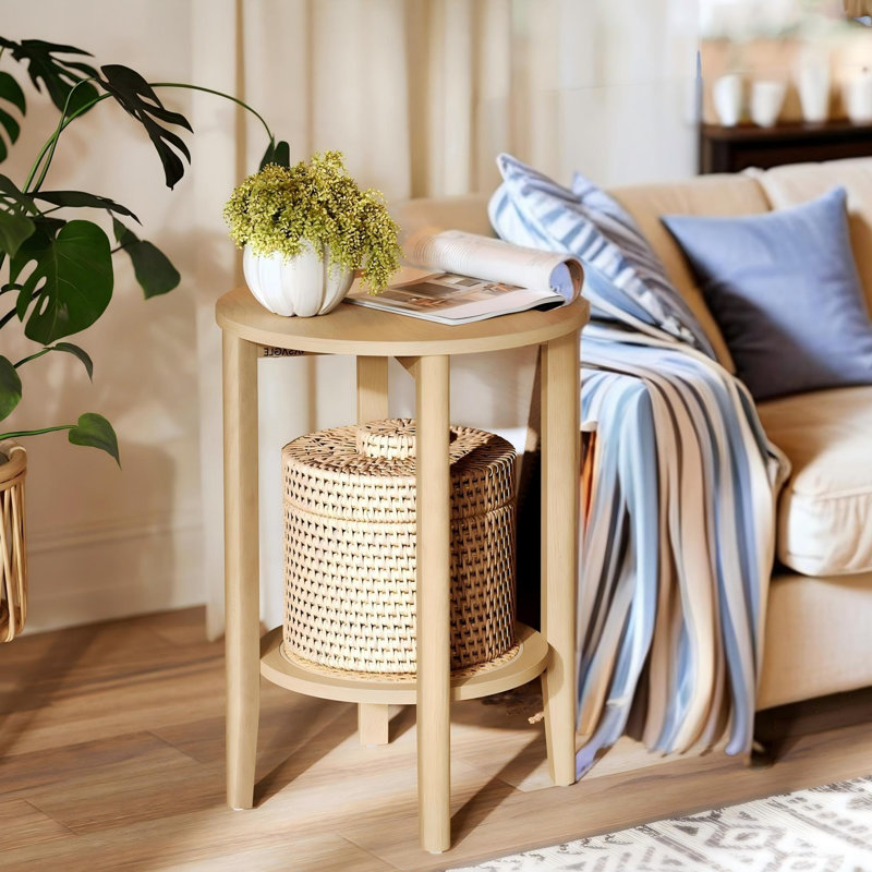 Round End Table, 2-Tier Boho Side Table, Oak Beige