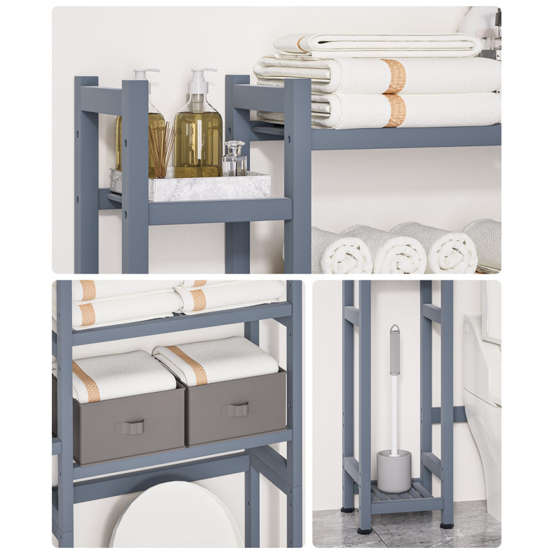 Over The Toilet Storage With Basket And Drawer, Bamboo Bathroom Organizer With Adjustable Shelf & Waterproof Feet Pad, Gray