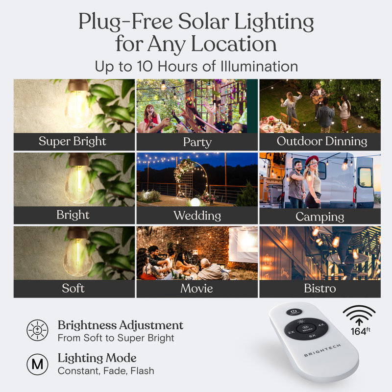 Brightech Ambience Pro Solar LED String Lights - Super Bright 27Ft Remote Control With 12 Shatterproof Bulbs, Waterproof Patio Lights, 4W Soft White