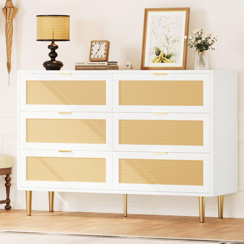Commode 6 pièces en rotin avec commode en bois et pieds en métal, Blanc