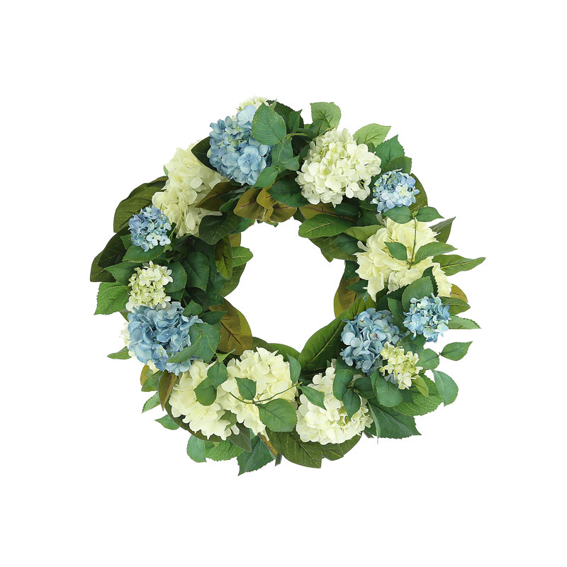 27" Assorted Hydrangea Wreath With Magnolia Leaves