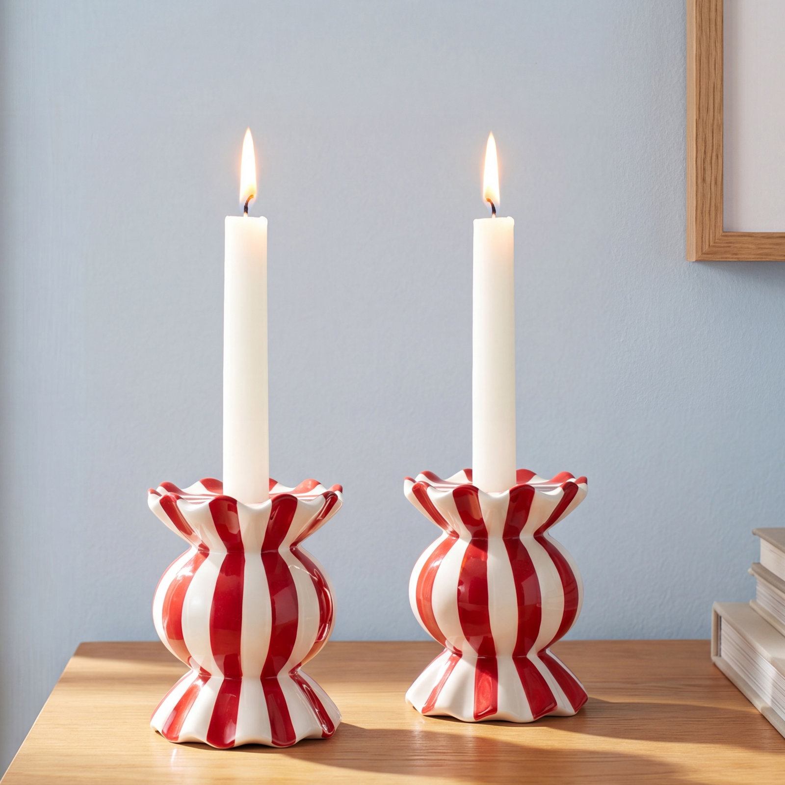 Red Stripe Ruffle Candlestick Holder, 10.5" H x 3.5" W x 3.5" D, Yes