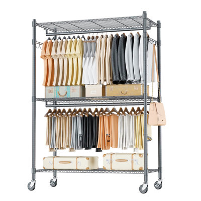 Heavy Duty Clothing Rack with 3 Tier Adjustable Wire Shelves, Double Rod Freestanding Closet with Side Hooks