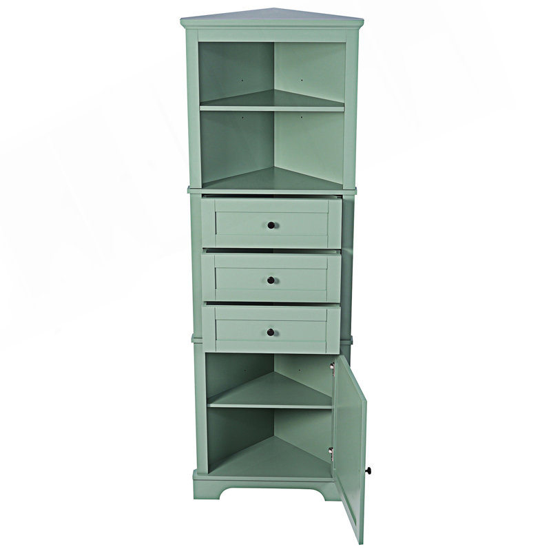 Armoire triangulaire haute avec 3 tiroirs et tablettes réglables, armoire d'appoint, Vert