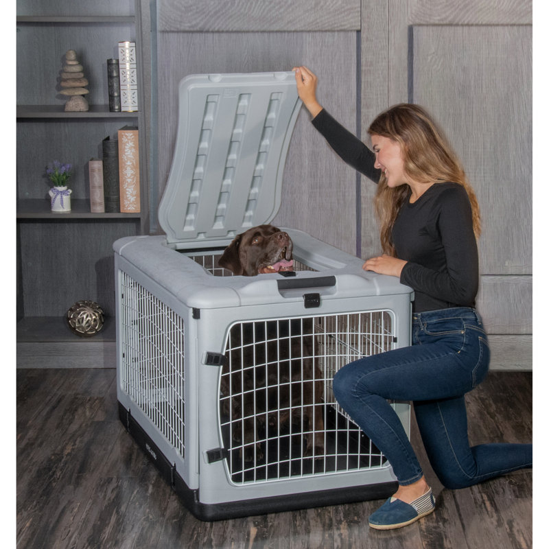 Gray Rolling Steel Pet Crate with Removable Tray